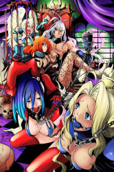 Rule 34 | 1boy, 4girls, ahoge, angel, angel wings, angry, aqua eyes, arm around neck, ball gag, bastard!!, bat (animal), bdsm, blonde hair, blue eyes, blue hair, bondage, bound, grabbing another&#039;s breast, breasts, bridal gauntlets, cage, chain, cleavage, collar, covered erect nipples, crying, crying with eyes open, dark schneider, elbow gloves, eudetenis, fang, feathered wings, feathers, fingerless gloves, frown, full moon, gabriel (bastard!!), gag, gloves, grabbing, green eyes, hair between eyes, hair over one eye, harem, hat, highres, horns, jester cap, kneeling, large breasts, leash, long hair, michael (bastard!!), moon, multiple girls, navel, open mouth, orange eyes, orange hair, pink moon, porno dianno, saliva, sitting, skull, slave, sweat, tears, thighhighs, throne, tia noto yoko, very long hair, white hair, wings
