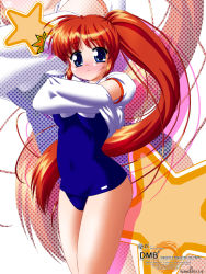 Rule 34 | 00s, 1girl, blue eyes, brown hair, long hair, lyrical nanoha, mahou shoujo lyrical nanoha, mahou shoujo lyrical nanoha strikers, misril, one-piece swimsuit, school swimsuit, shirt, solo, swimsuit, t-shirt, takamachi nanoha, undressing, zoom layer