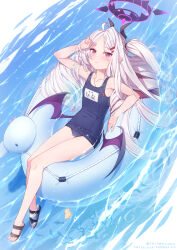 Rule 34 | 1girl, afloat, armpits, blue archive, collarbone, commentary request, demon girl, demon horns, demon wings, forehead, full body, hair ornament, hairclip, halo, hand on own head, hand up, highres, hina (blue archive), hina (swimsuit) (blue archive), horns, lifebuoy, long hair, looking at viewer, lying, name tag, ocean, official alternate costume, old school swimsuit, on back, one side up, parted bangs, parted lips, pointy ears, purple eyes, sand, school swimsuit, sidelocks, sleeveless, solo, swim ring, swimsuit, wet, wet clothes, wet swimsuit, whistle, whistle around neck, white hair, wings, yellowpaint.