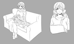 Rule 34 | 10s, 2girls, aged down, arm sling, ayase eli, bandage over one eye, broken arm, couch, grey background, greyscale, injury, lap pillow, lineart, long hair, love live!, love live! school idol project, low twintails, monochrome, multiple girls, off-shoulder, off-shoulder sweater, off shoulder, one eye covered, pas (paxiti), ponytail, scrunchie, simple background, sitting, sketch, smile, sweater, time paradox, tojo nozomi, twintails