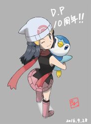 Rule 34 | 1girl, ;), beanie, black hair, black shirt, black socks, boots, closed mouth, commentary request, creatures (company), dated, dawn (pokemon), game freak, gen 4 pokemon, grey background, hair ornament, hairclip, hat, highres, holding, holding pokemon, kneehighs, long hair, looking at viewer, nintendo, one eye closed, pink footwear, pink skirt, piplup, pokemon, pokemon (creature), pokemon dppt, sawa (soranosawa), scarf, shirt, sidelocks, skirt, sleeveless, sleeveless shirt, smile, socks, standing, white headwear