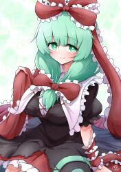 Rule 34 | 1girl, arm ribbon, bow, breasts, commission, frilled bow, frilled ribbon, frilled sleeves, frills, front ponytail, green eyes, green hair, hair bow, hair ribbon, highres, kagiyama hina, large breasts, looking at viewer, puffy short sleeves, puffy sleeves, red bow, red ribbon, ribbon, scavia10, short sleeves, skeb commission, smile, solo, touhou