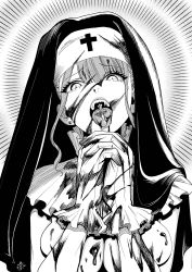 Rule 34 | 1girl, absurdres, blood, blood on face, blunt bangs, breasts, cross, earrings, fangs, forked tongue, gloves, green eyes, greyscale, highres, jewelry, long hair, looking at viewer, monochrome, nun, open mouth, original, own hands together, praying, solo, teeth, tongue, tongue out, vampire, veil, yonei kaoru
