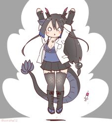 Rule 34 | 1girl, animal ears, black dragon (kemono friends), black hair, boots, coat, coroha, dragon girl, dragon horns, dragon tail, elbow gloves, extra ears, fingerless gloves, full body, gloves, grey background, horns, jumping, kemono friends, kemono friends 3, long hair, looking at viewer, shirt, simple background, skirt, solo, tail, thighhighs, white coat