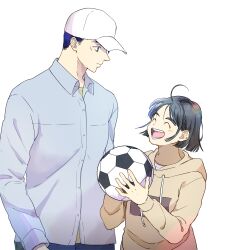 Rule 34 | 1boy, 1girl, after school lessons for unripe apples, ahoge, ball, baseball cap, black hair, blue shirt, bob cut, brown hoodie, hat, highres, holding, holding ball, hood, hood down, hoodie, hwang mi-ae, kim cheol, looking at another, mrh cit, scar, scar on face, shirt, short hair, simple background, smile, soccer ball, upper body, white background, white headwear