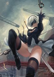 Rule 34 | 1girl, bad id, bad pixiv id, black dress, black gloves, blindfold, breasts, dress, feather trim, feathers, gloves, groin, hairband, highleg, highres, juliet sleeves, jumping, leotard, long sleeves, looking at viewer, medium breasts, mole, mole under mouth, nier (series), nier:automata, outdoors, parted lips, powhway, puffy sleeves, short dress, short hair, solo, sword, thighhighs, thighs, thong, thong leotard, weapon, white hair, 2b (nier:automata)