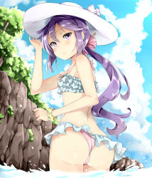 Rule 34 | 10s, 1girl, adjusting clothes, adjusting headwear, akebono (kancolle), ass, bad id, bad pixiv id, bare shoulders, bikini, blush, cliff, cloud, day, dimples of venus, flat chest, flower, frilled bikini, frills, from behind, hair flower, hair ornament, hand on headwear, hat, highres, kantai collection, long hair, looking at viewer, looking back, nishimi shin, outdoors, purple eyes, purple hair, scrunchie, side ponytail, sky, solo, sun hat, swimsuit, tree, wading, water, wrist scrunchie