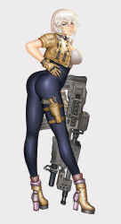 Rule 34 | 1girl, ankle boots, ass, assault rifle, blue eyes, boots, breasts, commentary, cropped jacket, full body, gloves, grey background, gun, hand on own hip, highres, holding, holding weapon, jacket, large breasts, lieqi hun, looking at viewer, looking back, open clothes, open jacket, original, rifle, short hair, short sleeves, simple background, skin tight, smile, solo, standing, weapon, white hair