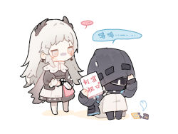 Rule 34 | ..., 1girl, 1other, arknights, black footwear, black jacket, blouse, boots, capelet, chibi, colored shadow, commentary request, doctor (arknights), grey eyes, grey hair, highres, holding, hood, hood up, hooded jacket, irene (arknights), jacket, long sleeves, looking away, pantyhose, renren, shadow, shirt, sitting, skirt, sleeves past wrists, spoken ellipsis, standing, translation request, white background, white capelet, white pantyhose, white shirt, white skirt