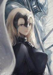Rule 34 | absurdres, armor, banner, black dress, blonde hair, blue eyes, chain, commentary request, dress, fate/apocrypha, fate/grand order, fate (series), flag, headpiece, highres, jeanne d&#039;arc (fate), jeanne d&#039;arc (ruler) (fate), marumoru, pink lips, smile, solo, standard bearer, upper body