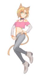 Rule 34 | 1girl, absurdres, animal ears, ankle boots, bell, black choker, blonde hair, boots, cat ears, cat tail, choker, crop top, fang, fang out, freckles, full body, green eyes, grey footwear, grey pants, hands on own hips, high heel boots, high heels, highres, jingle bell, layered sleeves, long sleeves, looking at viewer, midriff, milim nova, navel, neck bell, original, pants, pink shirt, shirt, short hair, short over long sleeves, short sleeves, simple background, smile, solo, tail, white background