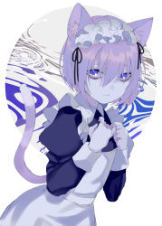 Rule 34 | 1girl, animal ear fluff, animal ears, apron, bad id, bad pixiv id, bags under eyes, black dress, blue eyes, cat ears, cat girl, cat tail, closed mouth, collared dress, dress, eyebrows hidden by hair, frilled apron, frills, hair between eyes, highres, juliet sleeves, kayanogura, long sleeves, looking at viewer, maid, maid apron, original, puffy sleeves, purple hair, smile, solo, tail, white apron, white background