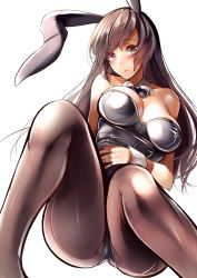 Rule 34 | 1girl, amane ruri, animal ears, bare arms, bare shoulders, black pantyhose, blush, bow, breasts, brown eyes, brown hair, cleavage, detached collar, fake animal ears, large breasts, legs, leotard, long hair, open mouth, original, pantyhose, playboy bunny, rabbit ears, solo, white background, wrist cuffs