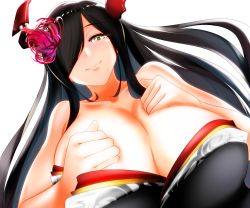 Rule 34 | 1girl, azur lane, bare shoulders, black hair, black kimono, breasts, cleavage, dutch angle, flower, friedrich der grosse (azur lane), friedrich der grosse (dark raiments of gagaku) (azur lane), hair flower, hair ornament, hair over one eye, highres, horns, huge breasts, japanese clothes, kimono, long hair, looking at viewer, mechanical horns, off shoulder, official alternate costume, red flower, red horns, sano sho, simple background, white background, yellow eyes
