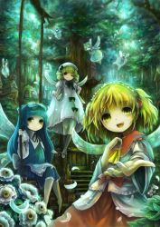 Rule 34 | 3girls, dress, fairy, female focus, forest, luna child, multiple girls, nature, outdoors, perfect memento in strict sense, plant, shoukou, star sapphire, sunny milk, touhou