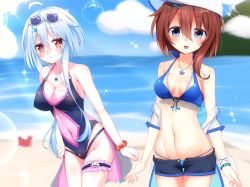 Rule 34 | 2girls, :d, :o, ahoge, bare shoulders, beach, bikini, bikini under clothes, black leotard, blue bikini, blue eyes, blue hair, blue shorts, blue sky, blush, bracelet, breasts, brown eyes, brown hair, bubble, center opening, cleavage, cloud, collarbone, commentary request, covered erect nipples, covered navel, cowboy shot, crab, day, eyewear on head, groin, hair between eyes, hair ornament, hairclip, jewelry, lens flare, leotard, looking at viewer, medium breasts, midriff, multiple girls, navel, necklace, ocean, off-shoulder jacket, off shoulder, open fly, open mouth, original, outdoors, see-through, shironeko haru, short hair with long locks, short shorts, shorts, sidelocks, skindentation, sky, smile, sparkle, standing, sunglasses, swimsuit, thigh strap, visor cap, waist cape, wristband