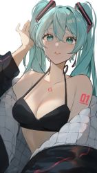 Rule 34 | 1girl, aqua eyes, aqua hair, bare shoulders, bikini, breasts, cleavage, coat, collarbone, hair between eyes, halterneck, hatsune miku, highres, looking at viewer, medium breasts, open clothes, open coat, open mouth, parted lips, simple background, solo, swimsuit, tattoo, twintails, upper body, vocaloid, white background, yukihira makoto