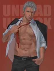 Rule 34 | 1boy, abs, andy (undead unluck), bara, bare pectorals, belt, blue eyes, copyright name, grey hair, hand in pocket, highres, looking at viewer, male focus, miami0158, necktie, open clothes, open shirt, pectorals, red background, scar, shirt, short hair, solo, standing, tattoo, undead unluck, white shirt
