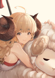 Rule 34 | 1girl, ahoge, anila (granblue fantasy), beruu, blonde hair, blunt bangs, blush, breast press, breasts, closed mouth, curled horns, curly hair, draph, dress, fingernails, from side, granblue fantasy, highres, horns, hug, huge horns, large breasts, long hair, looking at viewer, polearm, sheep, sheep horns, sidelocks, smile, spear, strapless, strapless dress, tassel, thick eyebrows, upper body, weapon, white dress, yellow eyes