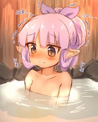 Rule 34 | 1girl, bath, blush, brown eyes, closed mouth, collarbone, hair between eyes, hair ribbon, hair rings, hair up, highres, kyouka (princess connect!), nude, onsen, ooba jun, partially submerged, princess connect!, purple hair, purple ribbon, ribbon, smile, solo, split mouth, translation request, trembling, water