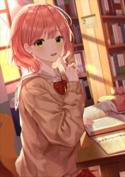 Rule 34 | 1girl, absurdres, bandaid, blush, bow, bowtie, cardigan, eyes visible through hair, green eyes, highres, huge filesize, indoors, library, long hair, looking at viewer, looking to the side, myowa, open mouth, orange hair, original, pink hair, reading, red bow, red skirt, school uniform, short hair, sitting, skirt, solo, teeth