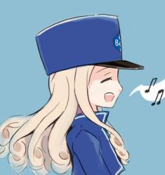 Rule 34 | 10s, 1girl, bc freedom (emblem), bc freedom military uniform, blonde hair, blue background, commentary, curly hair, emblem, closed eyes, girls und panzer, hat, jacket, long hair, marie (girls und panzer), musical note, open mouth, saiguchi otoufu, sidelocks, smile, solo, upper body