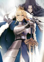 Rule 34 | 1boy, 1girl, ahoge, armor, armored dress, artoria pendragon (all), artoria pendragon (fate), backlighting, bad id, bad pixiv id, berserker (fate/zero), blonde hair, blue cape, blue dress, breastplate, cape, closed eyes, closed mouth, cowboy shot, dress, dressing, excalibur (fate/stay night), fate/grand order, fate/zero, fate (series), faulds, floating hair, fur-trimmed cape, fur trim, gauntlets, head down, juliet sleeves, lancelot (fate/zero), light particles, long hair, long sleeves, looking at viewer, own hands together, parted bangs, puffy sleeves, reroi, saber (fate), serious, short hair, sidelocks, standing, tsurime, v-shaped eyebrows, wavy hair, wind