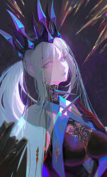 Rule 34 | 1girl, black gloves, blue lips, breasts, cleavage, crown, eyes visible through hair, fate (series), gloves, grey hair, large breasts, long hair, looking at viewer, morgan le fay (fate), sansan (dongfangzhong111), see-through, solo, upper body