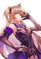 Rule 34 | 1girl, black gloves, blonde hair, breasts, bridal gauntlets, commentary request, eyepatch, fischl (genshin impact), fishnets, garter straps, genshin impact, gloves, green eyes, hand on own hip, hand up, highres, ichibi, long hair, medium breasts, open mouth, simple background, solo, two side up, white background
