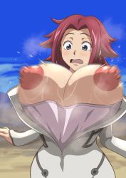 Rule 34 | 1girl, absurdres, blue eyes, bouncing breasts, breasts, cleavage, code geass, dessert, dress, embarrassed, exploding clothes, food, highres, huge breasts, iwao178, iwao (pixiv258710), kouzuki kallen, nipples, open mouth, red hair, surprised, wardrobe malfunction, white dress