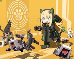 Rule 34 | 1girl, animal ear headphones, animal ears, blonde hair, boots, cat, cat ear headphones, cat ears, cat tail, character name, chibi, circle a, crying, dinergate (girls&#039; frontline), fake animal ears, girls&#039; frontline, green eyes, griffin &amp; kryuger, gun, headphones, ladder, shadow, b&amp;t mp9, submachine gun, tail, theft, tmp (girls&#039; frontline), weapon