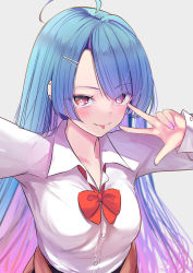 Rule 34 | 1girl, ahoge, alternate costume, azur lane, blouse, blue hair, bow, bowtie, breasts, brown cardigan, cardigan, cardigan around waist, clothes around waist, collared shirt, ear piercing, helena (azur lane), long hair, loose bowtie, medium breasts, multicolored hair, nail polish, partially unbuttoned, piercing, pink hair, pink nails, purple eyes, reaching, reaching towards viewer, red bow, red bowtie, schreibe shura, selfie, shirt, simple background, solo, two-tone hair, v, very long hair, white background, white shirt