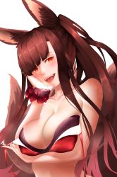 Rule 34 | 1girl, akagi (azur lane), alternate costume, animal ears, arm across waist, azur lane, bikini, blunt bangs, blush, breast lift, breasts, breath, brown hair, cleavage, collarbone, fangs, fox ears, fox tail, half-closed eyes, hand on own face, highres, large breasts, long hair, looking at viewer, multiple tails, open mouth, pairleaf, red eyes, red scrunchie, scrunchie, simple background, smile, solo, swimsuit, tail, untied bikini, upper body, water drop, wet, white background