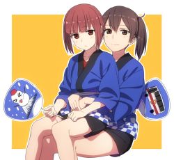 Rule 34 | &gt; &lt;, 10s, 2girls, bad id, bad twitter id, blush, brown hair, closed eyes, hand fan, happi, japanese clothes, kaga (kancolle), kantai collection, kinosuke (sositeimanoga), looking at viewer, multiple girls, short hair, side ponytail, sitting, sitting on lap, sitting on person, smile, tongue, tongue out, z3 max schultz (kancolle)