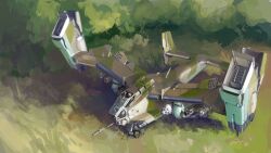 Rule 34 | absurdres, aircraft, canopy (aircraft), commentary, english commentary, from above, grass, highres, mike doscher, military, military vehicle, no humans, original, solo, thrusters, tree, vehicle focus, vtol