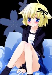 Rule 34 | 1girl, ahoge, bed, between thighs, blonde hair, blue eyes, blush, cherry blossoms, floral background, flower, hair ribbon, noto (soranoto), original, pillow, ribbon, short hair, short twintails, sitting, skirt, socks, solo, thighs, twintails