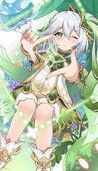 Rule 34 | + +, 1girl, absurdres, ahisazon, animal, bloomers, blue flower, blush, bracelet, child, closed mouth, collared dress, cross-shaped pupils, detached sleeves, dress, feet out of frame, field, finger frame, floating, flower, flower field, genshin impact, green eyes, green sleeves, grey hair, hair ornament, highres, jewelry, leaf hair ornament, long hair, nahida (genshin impact), one eye closed, pointy ears, purple flower, sitting, sleeveless, sleeveless dress, smile, solo, stirrup footwear, symbol-shaped pupils, underwear, viewfinder, white bloomers, white dress, white footwear, yellow flower