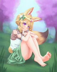 Rule 34 | 1girl, absurdres, aisuman, alternate costume, animal ear fluff, animal ears, artist name, bare legs, barefoot, blonde hair, blurry, blush, braid, closed mouth, crown braid, depth of field, feet, fox ears, fox girl, fox tail, full body, green nails, green ribbon, hair ribbon, hands on own knees, head tilt, heart, heart-shaped pupils, highres, hololive, knees up, lips, long hair, looking at viewer, multicolored hair, nail polish, omaru polka, omaru polka (street casual), on grass, on ground, outdoors, purple eyes, purple hair, ribbon, see-through, see-through sleeves, sitting, smile, soles, solo, streaked hair, symbol-shaped pupils, tail, thighs, toenail polish, toenails, toes, virtual youtuber