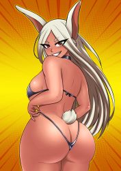 Rule 34 | 1girl, absurdres, animal ears, ass, back, bikini, boku no hero academia, breasts, butt crack, choker, highres, huge ass, large breasts, long hair, looking at viewer, looking back, mirko, nowajoestar, orange background, rabbit ears, rabbit tail, red eyes, smile, solo, swimsuit, tail, thick thighs, thighs, thong, white hair, wide hips