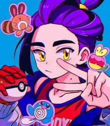 1boy applin black_hair blue_background closed_mouth cm_wm commentary_request creatures_(company) game_freak gen_1_pokemon gen_2_pokemon gen_8_pokemon highres holding holding_poke_ball jacket kieran_(pokemon) long_sleeves looking_at_viewer male_focus multicolored_hair nintendo open_clothes open_jacket poke_ball poke_ball_(basic) pokemon pokemon_(creature) pokemon_sv poliwag purple_hair red_tank_top sentret simple_background solo tank_top upper_body v white_jacket yellow_eyes