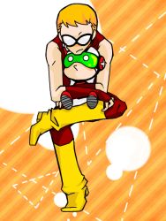 Rule 34 | 2boys, boots, cartoon network, dc comics, domino mask, fingerless gloves, gloves, goggles, hug, male focus, mas (dc), mask, multiple boys, orange hair, pixiv sample, red hair, roy harper, shoes, speedy, striped, striped background, teen titans, yellow footwear