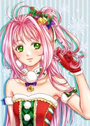 Rule 34 | 1girl, akira ituki, arm strap, bell, bow, choker, collarbone, fur-trimmed gloves, fur trim, gloves, green bow, green eyes, hair bow, hair intakes, twirling hair, long hair, looking at viewer, macross, macross 7, mylene jenius, pink hair, purple bow, red gloves, side ponytail, snowflakes, solo, strapless, striped, striped background, upper body, very long hair, white choker