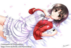 Rule 34 | 1girl, artist name, black ribbon, blunt bangs, blush, bow, breasts, brown eyes, brown hair, buttons, cherry blossoms, closed mouth, collar, collared shirt, digital media player, dress, earphones, eyebrows, eyelashes, finger to mouth, frilled dress, frills, holding, index finger raised, jacket, katou megumi, large breasts, long sleeves, looking at viewer, lying, midriff, on back, on bed, open clothes, open jacket, petals, red jacket, ribbon, saenai heroine no sodatekata, shirt, short hair, signature, simple background, smile, solo, the-sinner, watermark, web address, white background, white bow, white dress, wind
