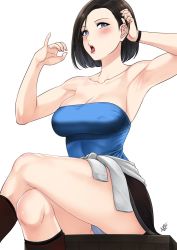 Rule 34 | 1girl, armpits, bare shoulders, black hair, blue eyes, blush, breasts, capcom, cleavage, collarbone, covered erect nipples, crossed legs, fellatio gesture, highres, jill valentine, large breasts, open mouth, panties, resident evil, resident evil 3: nemesis, short hair, sitting, tongue, tongue out, underwear, xter