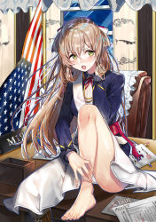 Rule 34 | 1girl, :o, american flag, angry, bad id, bad pixiv id, blush, boots, brown hair, character name, crying, dress, flag, girls&#039; frontline, gloves, unworn gloves, green eyes, hair between eyes, hand in own hair, hand up, highres, indoors, jacket, k2h, leaning forward, leg up, lips, long hair, looking at viewer, military, military uniform, nail polish, open clothes, open jacket, open mouth, shoes, unworn shoes, sitting, solo, sparkle, springfield (girls&#039; frontline), tears, uniform, white background, white dress