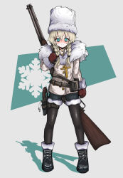Rule 34 | 1girl, absurdres, black footwear, black souls, blonde hair, blush, braid, closed mouth, coat, cross, fur-trimmed coat, fur trim, gerda (black souls), gorlatnaya, gun, gun on back, highres, holster, holstered, koshou shou mitsu, looking at viewer, military uniform, mittens, pantyhose, pouch, red mittens, short shorts, shorts, simple background, snowflake pupils, solo, thigh holster, twin braids, uniform, weapon, weapon on back, white headwear
