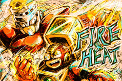 Rule 34 | 2boys, android, arm cannon, armor, blue eyes, character name, covered mouth, english text, fire, fire man, green eyes, heat man, helmet, looking to the side, male focus, mega man (classic), mega man (series), mega man 1, mega man 2, multiple boys, open mouth, robot, tai meshiko, teeth, upper teeth only, weapon