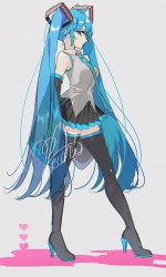 Rule 34 | 1girl, aqua necktie, armpit peek, arms behind back, bare shoulders, black skirt, black thighhighs, blue eyes, blue hair, blue necktie, blush, breasts, closed mouth, collared shirt, detached sleeves, full body, grey background, grey shirt, hair between eyes, half-closed eyes, hatsune miku, heart, heart background, highres, jitome, legs apart, light smile, long hair, looking to the side, medium breasts, necktie, pecchii, pink background, pleated skirt, profile, see-through, shirt, sidelocks, signature, simple background, skirt, sleeveless, sleeveless shirt, sleeves past fingers, sleeves past wrists, solo, standing, thighhighs, twintails, two-tone background, very long hair, vocaloid, zettai ryouiki