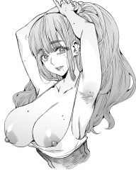 Rule 34 | 1girl, armpits, arms up, azukiko, breasts, ear piercing, large breasts, long hair, mole, mole on breast, piercing, shirt