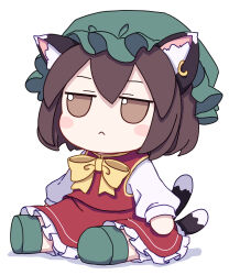 Rule 34 | 1girl, absurdres, animal ears, brown eyes, brown hair, cat ears, cat tail, chen, closed mouth, earrings, frilled skirt, frills, fumo (doll), green footwear, green hat, hair between eyes, hat, highres, jewelry, kame (kamepan44231), long sleeves, mob cap, multiple tails, red skirt, red vest, shoes, short hair, simple background, single earring, skirt, solo, tail, touhou, two tails, vest, white background, white hair